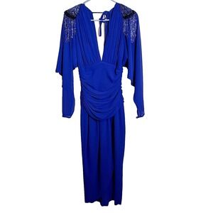 Vintage Lillie Rubin Sheath Dress S Navy Blue Ruched Plunging Neckline Beaded